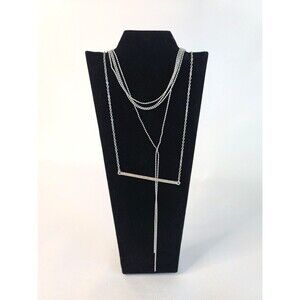 Set of 2 Necklaces Silver Tone Y Necklace Drop Ball Bar Chain Stackable 18"